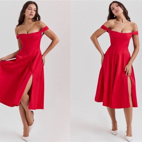 NWOT HOUSE OF CB Saira Scarlet Red Off the Shoulder Corset Midi Sundress Sz M - Picture 1 of 8
